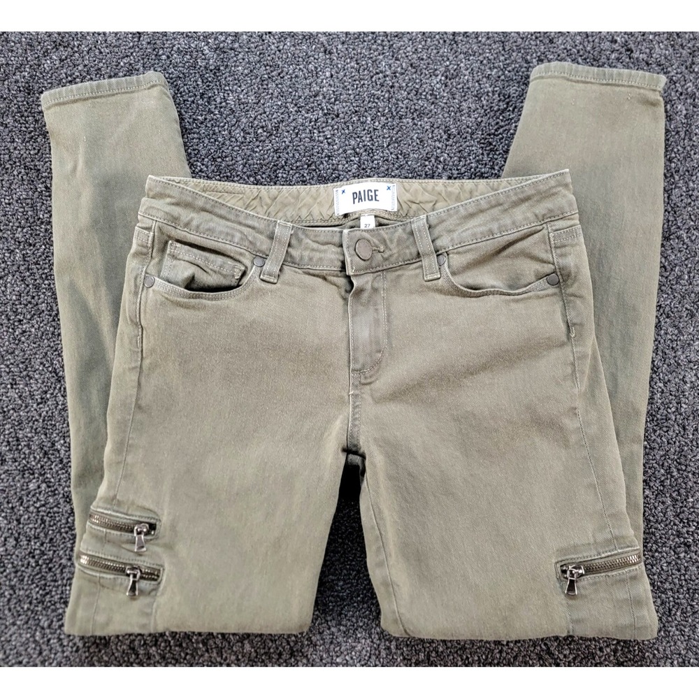 Paige Jeans Women 27 Fatigue Green Ankle Zip Cargo Skinny Stretch Low Rise 28x26